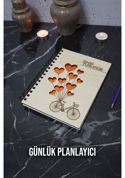 Bisiklet Kalp Balon Ahşap Plan Defteri - Süresiz Ajanda - Günlük Planlayıcı (Planlama Defteri) A5