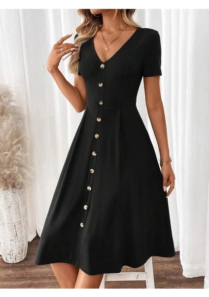 Kadın Kısa Kollu V Yakalı Önden Düğmeli A Kesim Dokuma Elbise