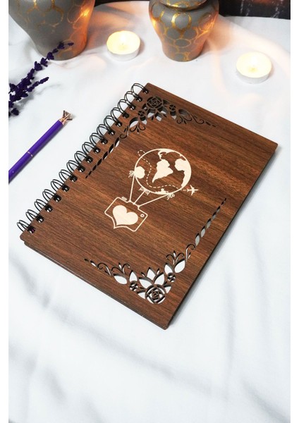 Uçan Balon Ahşap Kapaklı Defter - Çizgisiz Defter - 60 Yaprak (120 Sayfa) - A5 - Seyahat Defteri