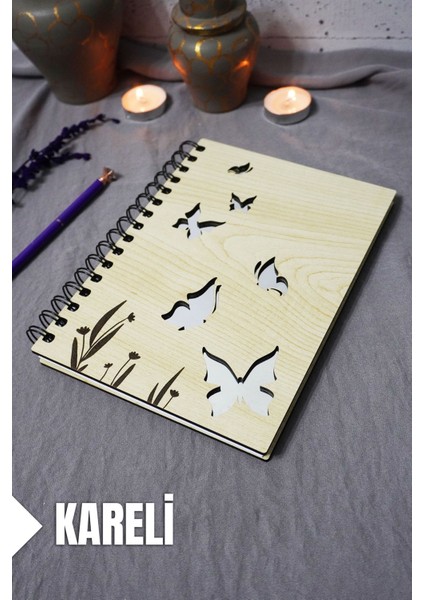 Kelebek Desenli Ahşap Kapaklı Defter - Kareli Defter - Ajanda - Okul Defteri (A5 - 120 Sayfa)