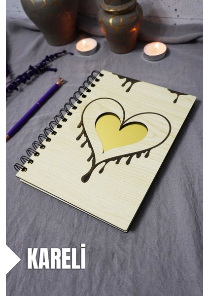 Kalp Desenli Ahşap Kapaklı Defter - Kareli Defter - Ajanda - Okul Defteri (A5 - 120 Sayfa)