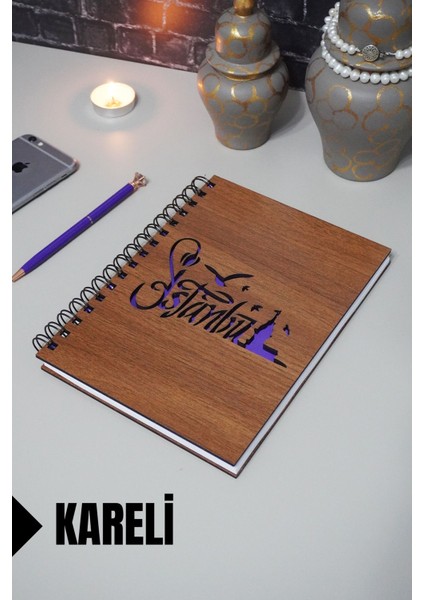 Istanbul Temalı Ahşap Kapaklı Defter - Kareli Defter - Ajanda - Okul Defteri (A5 - 120 Sayfa)