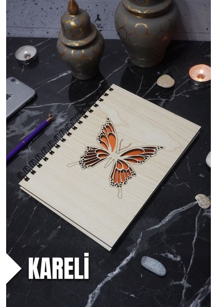 Kelebek Temalı Ahşap Kapaklı Defter - Kareli Defter - Ajanda - Okul Defteri (A5 - 120 Sayfa)