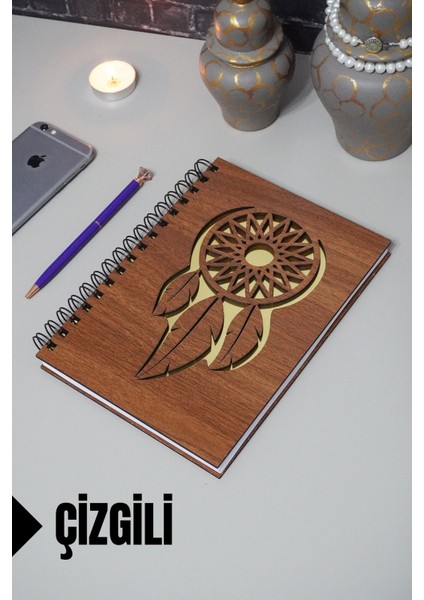 Rüya Kapanı Temalı Ahşap Kapaklı Defter - Çizgili Defter - Ajanda - Okul Defteri (A5 - 120 Sayfa)