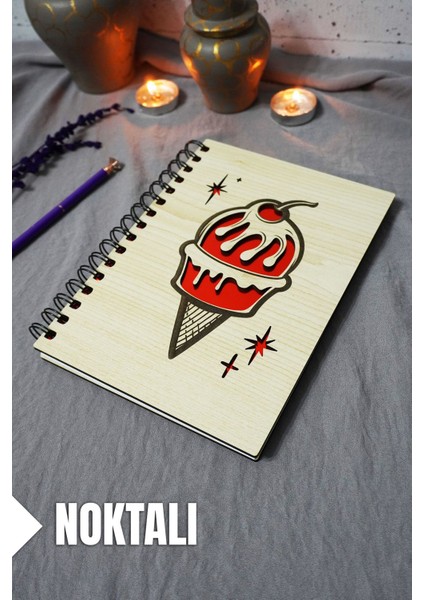 Dondurma Desenli Ahşap Kapaklı Defter - Noktalı Defter - Ajanda - Okul Defteri (A5 - 120 Sayfa)