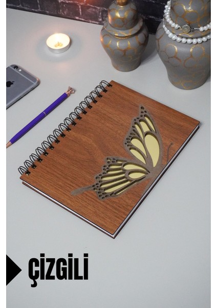 Kelebek Temalı Ahşap Kapaklı Defter - Çizgili Defter - Ajanda - Okul Defteri (A5 - 120 Sayfa)