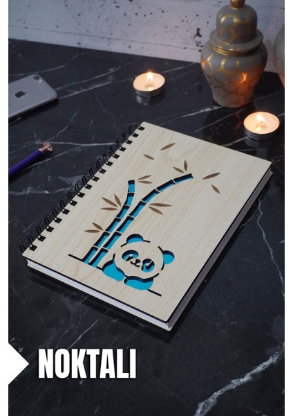 Panda Temalı Ahşap Kapaklı Defter - Noktalı Defter - Ajanda - Okul Defteri (A5 - 120 Sayfa)