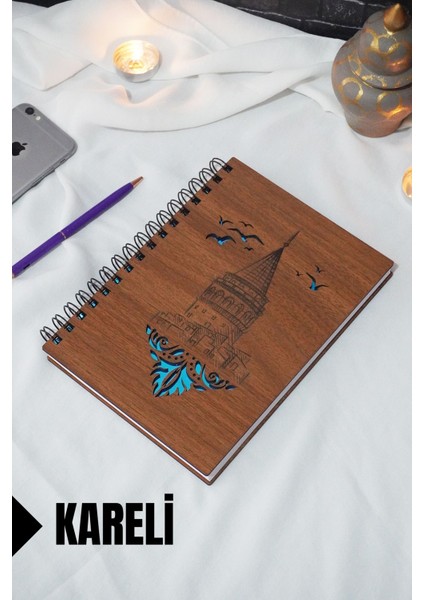 Galata Kulesi Temalı Ahşap Kapaklı Defter - Kareli Defter - Ajanda - Okul Defteri (A5 - 120 Sayfa)