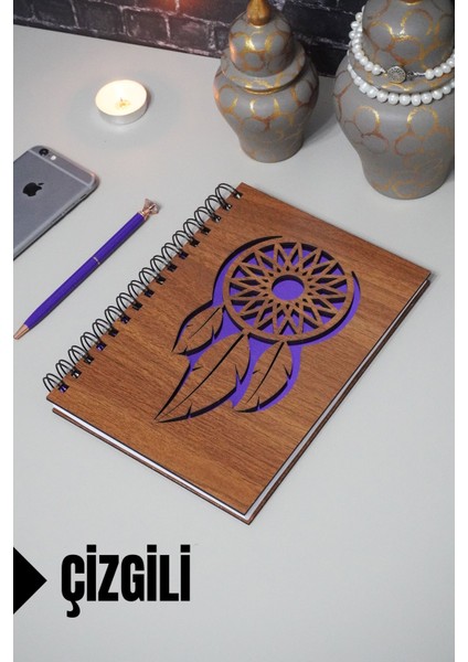Rüya Kapanı Temalı Ahşap Kapaklı Defter - Çizgili Defter - Ajanda - Okul Defteri (A5 - 120 Sayfa)
