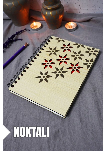 Çiçek Desenli Ahşap Kapaklı Defter - Noktalı Defter - Ajanda - Okul Defteri (A5 - 120 Sayfa)