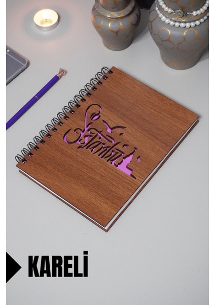 Istanbul Temalı Ahşap Kapaklı Defter - Kareli Defter - Ajanda - Okul Defteri (A5 - 120 Sayfa)