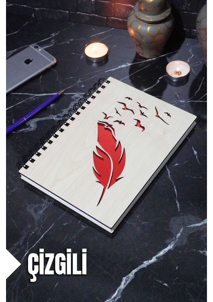 Kuş Tüy Temalı Ahşap Kapaklı Defter - Çizgili Defter - Ajanda - Okul Defteri (A5 - 120 Sayfa)