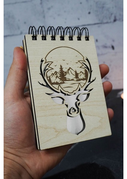 Geyik Orman Temalı Ahşap Kapaklı Not Defteri - Mini Defter - Cep Defteri - Benim Listem