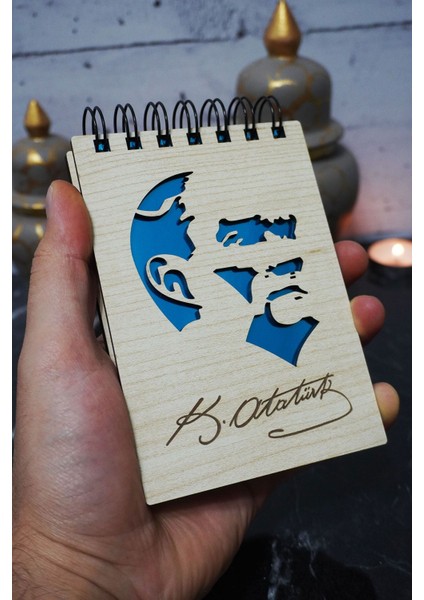 Kemal Atatürk Temalı Ahşap Kapaklı Not Defteri - Mini Defter - Cep Defteri - Benim Listem