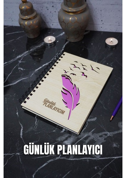 Kuşlu Tüy Kalem Ahşap Günlük Planlayıcı Defter - Tarihsiz Ajanda - Süresiz Planlama Defteri - A5