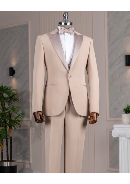 Italyan Stil Slim Fit Ceket Yelek Pantolon Damatlık Set Bej T14463
