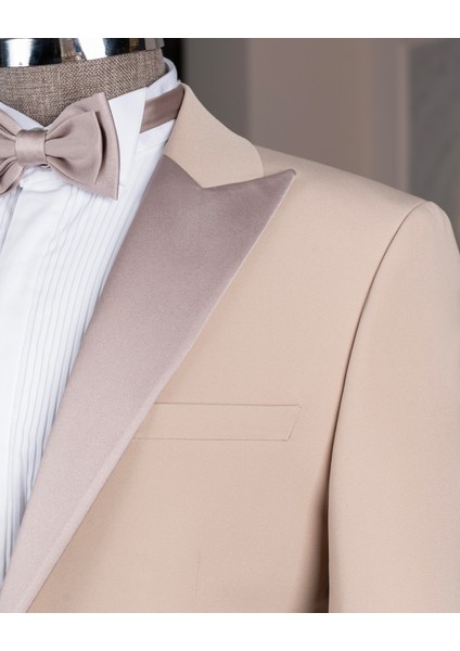 Italyan Stil Slim Fit Ceket Yelek Pantolon Damatlık Set Bej T14463 modelleri