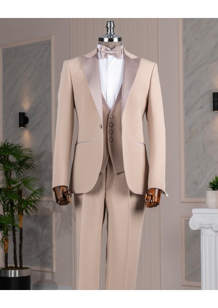 Italyan Stil Slim Fit Ceket Yelek Pantolon Damatlık Set Bej T14463 fırsatları