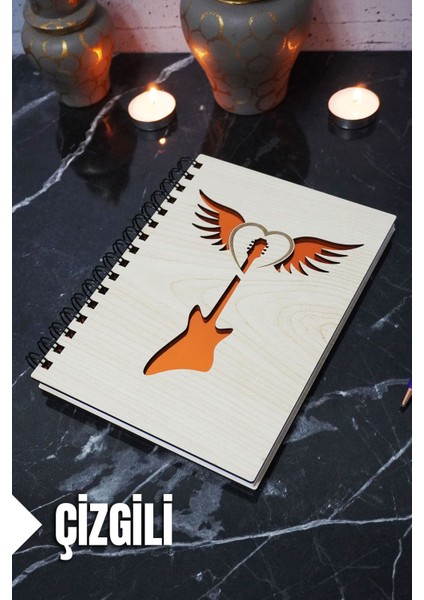 Gitar Kanat Temalı Ahşap Kapaklı Defter - Çizgili Defter - Ajanda - Okul Defteri (A5 - 120 Sayfa)