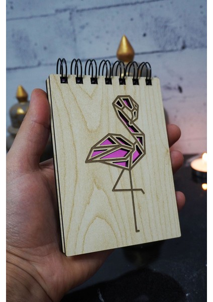 Flamingo Figürlü Ahşap Kapaklı Not Defteri - Mini Defter - Cep Defteri - Benim Listem