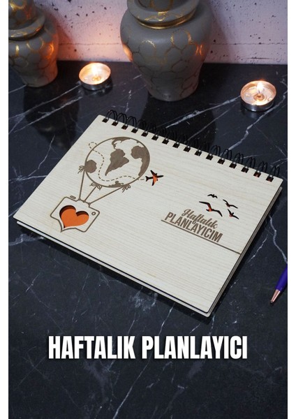 Uçan Balon Ahşap Plan Defteri - Haftalık Planlayıcı - Süresiz Ajanda (Tarihsiz Planlayıcı) A5