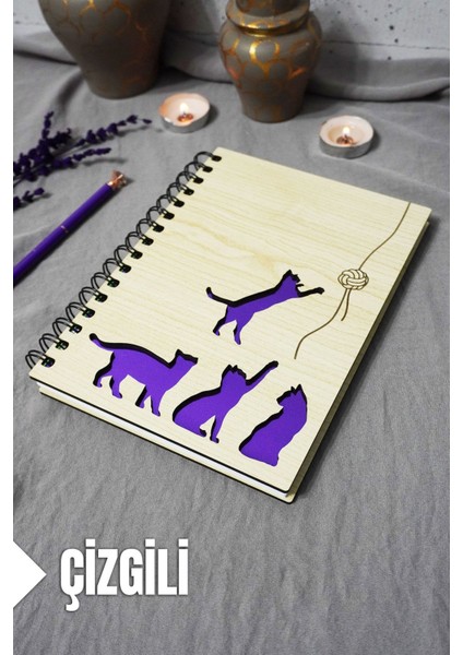 Kedi Desenli Ahşap Kapaklı Defter - Çizgili Defter - Ajanda - Okul Defteri (A5 - 120 Sayfa)