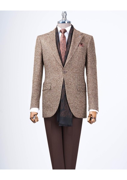 Italyan Stil Slim Fit Mono Yaka Erkek Tek Ceket Kahverengi T13540 modelleri