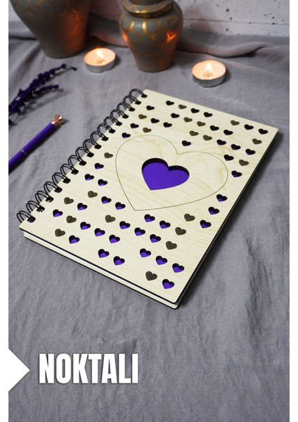 Kalp Desenli Ahşap Kapaklı Defter - Noktalı Defter - Ajanda - Okul Defteri (A5 - 120 Sayfa)