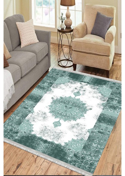 Klasik Desenli Yeşil Makinede Yıkanabilir Kilim Kaymaz Dot Tabanlı Oturma Odası Halısı 3029A fırsatları