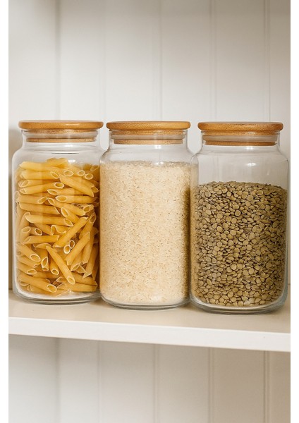 3 Adet Borosilikat Cam Bambu Kapaklı Cam Erzak Kavanozu 4 Litre