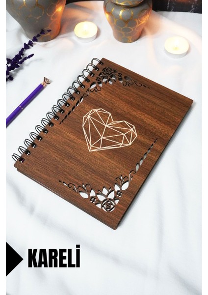 Kalp Ahşap Kapaklı Defter - Kareli Defter - 60 Yaprak (120 Sayfa) - A5 15X21 cm