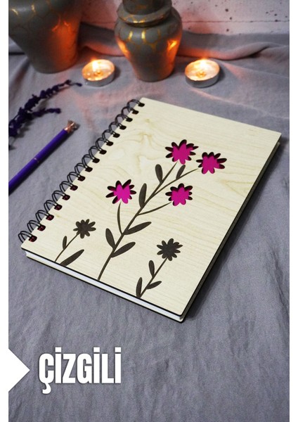 Çiçek Desenli Ahşap Kapaklı Defter - Çizgili Defter - Ajanda - Okul Defteri (A5 - 120 Sayfa)