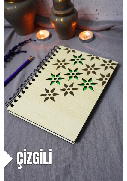 Çiçek Desenli Ahşap Kapaklı Defter - Çizgili Defter - Ajanda - Okul Defteri (A5 - 120 Sayfa)