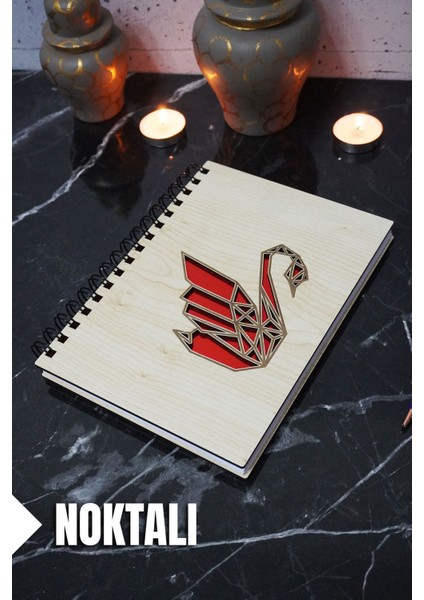 Kuğu Temalı Ahşap Kapaklı Defter - Noktalı Defter - Ajanda - Okul Defteri (A5 - 120 Sayfa)