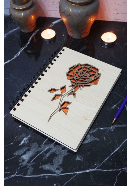 Gül Desenli Ahşap Kapaklı Defter - Çizgisiz Defter - Günlük - Ajanda- A5 Anı Defteri