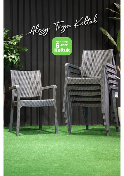 Troya Rattan Desenli Kollu Koltuk Bahçe Balkon Koltuğu 6'lı Set Antrasit Gri