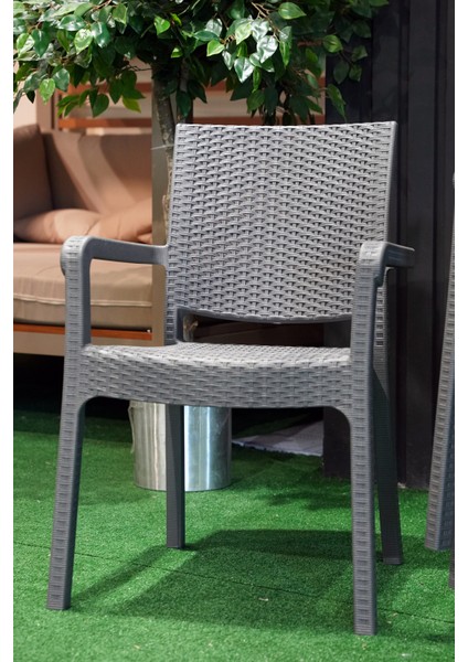 Troya Rattan Desenli Kollu Koltuk Bahçe Balkon Koltuğu 6'lı Set Antrasit Gri fırsatları