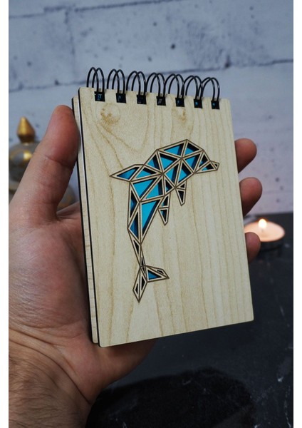 Yunus Balığı Temalı Ahşap Kapaklı Not Defteri - Mini Defter - Cep Defteri - Benim Listem