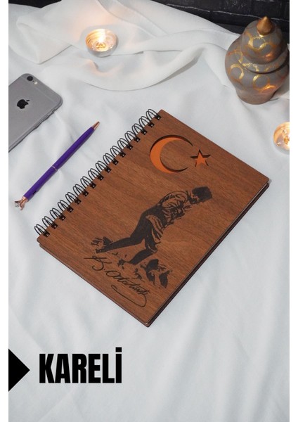 Kemal Atatürk Temalı Ahşap Kapaklı Defter - Kareli Defter - Ajanda - Okul Defteri (A5 - 120 Sayfa)