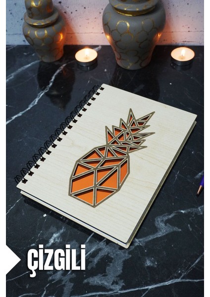Ananas Temalı Ahşap Kapaklı Defter - Çizgili Defter - Ajanda - Okul Defteri (A5 - 120 Sayfa)