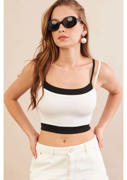 Kadın Beyaz Color Block Askılı Crop Bluz AN8082 modelleri