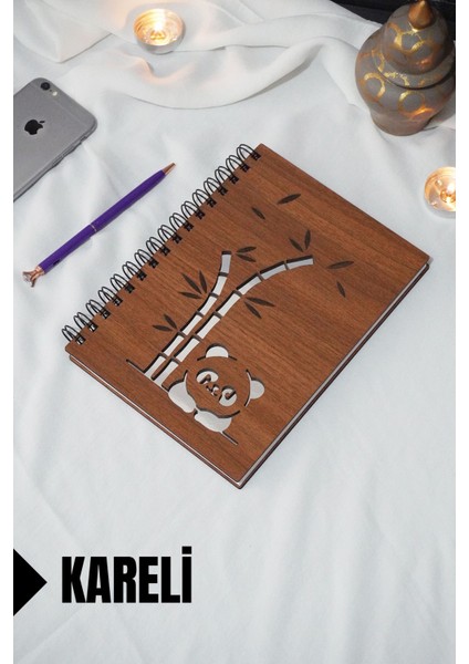 Panda Temalı Ahşap Kapaklı Defter - Kareli Defter - Ajanda - Okul Defteri (A5 - 120 Sayfa)