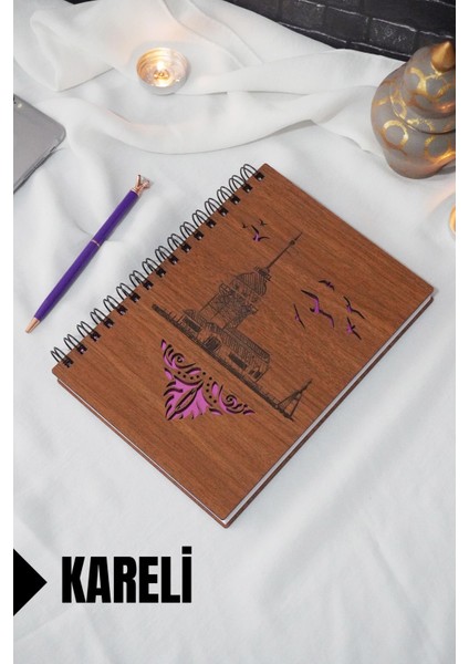 Kız Kulesi Temalı Ahşap Kapaklı Defter - Kareli Defter - Ajanda - Okul Defteri (A5 - 120 Sayfa)