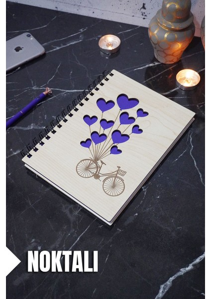 Bisiklet Balon Temalı Ahşap Kapaklı Defter - Noktalı Defter - Ajanda - Okul Defteri (A5 - 120 Sayfa)