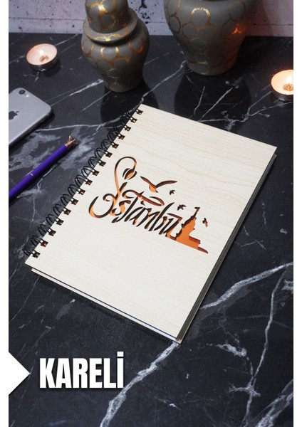 Istanbul Temalı Ahşap Kapaklı Defter - Kareli Defter - Ajanda - Okul Defteri (A5 - 120 Sayfa)