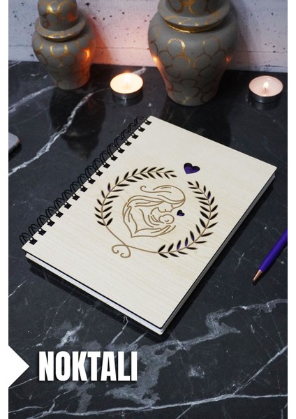 Anne Bebek Temalı Ahşap Kapaklı Defter - Noktalı Defter - Ajanda - (A5 - 120 Sayfa)