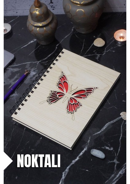 Kelebek Temalı Ahşap Kapaklı Defter - Noktalı Defter - Ajanda - Okul Defteri (A5 - 120 Sayfa)