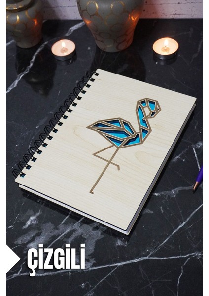 Flamingo Temalı Ahşap Kapaklı Defter - Çizgili Defter - Ajanda - Okul Defteri (A5 - 120 Sayfa)