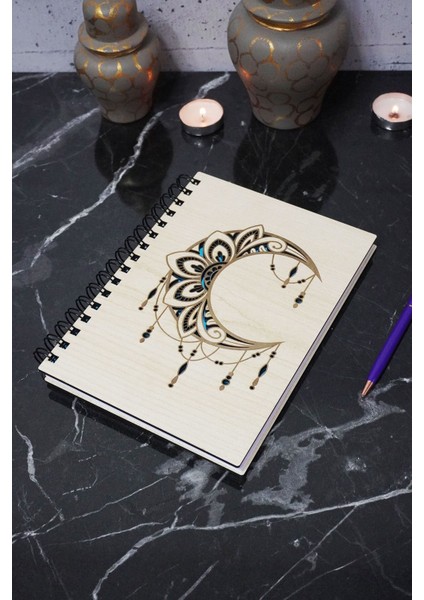 Ay Mandala Desenli Ahşap Kapaklı Defter - Çizgisiz Defter - Günlük - Ajanda- A5 Anı Defteri