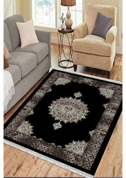Siyah Göbekli Desen Kaymaz Taban Halı Makinede Yıkanabilir Kilim Dot Tabanlı Halı 3022A fırsatları